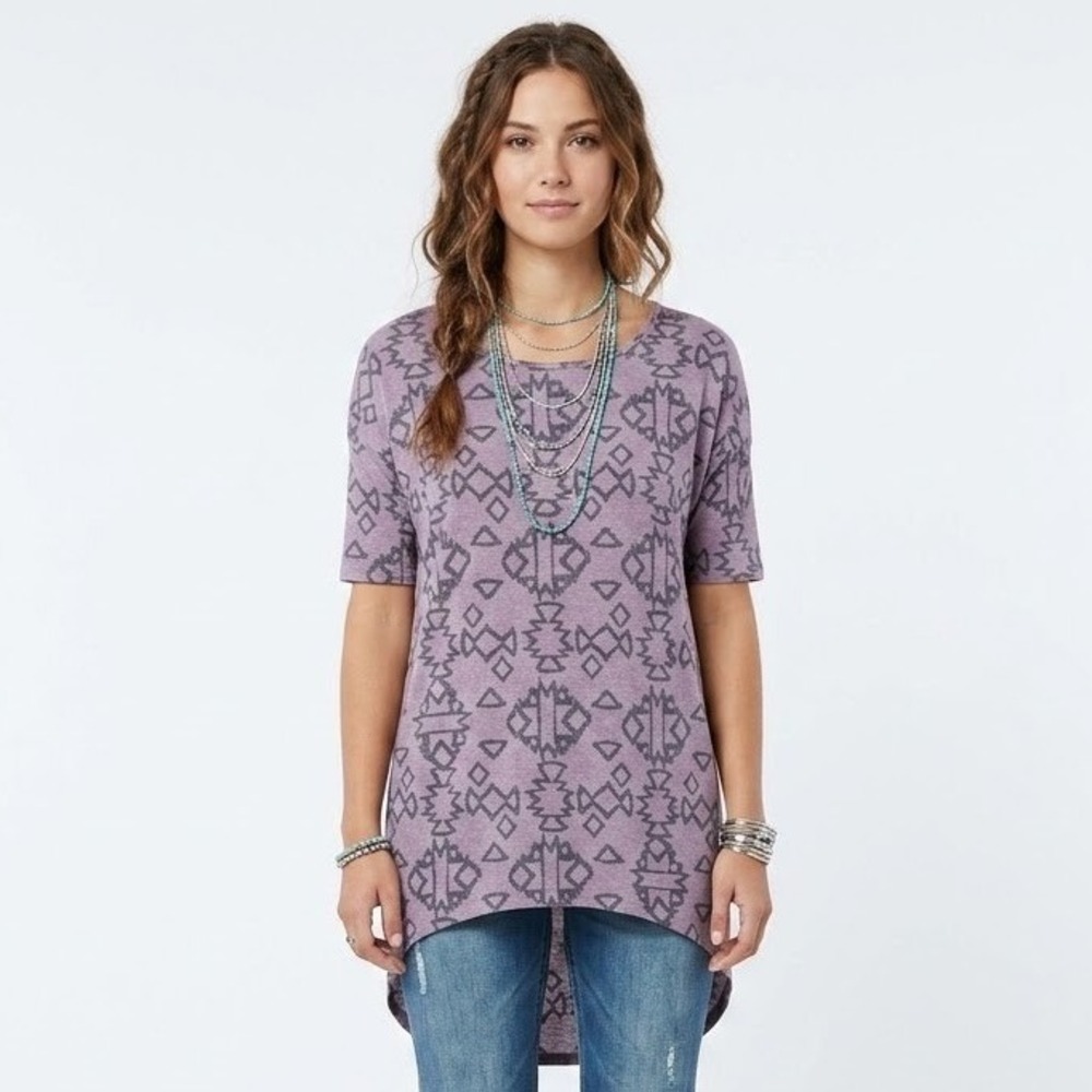 LuLaRoe Irma Tunic Top Women Small Purple New Geometric Tribal High-Low Hem BOHO